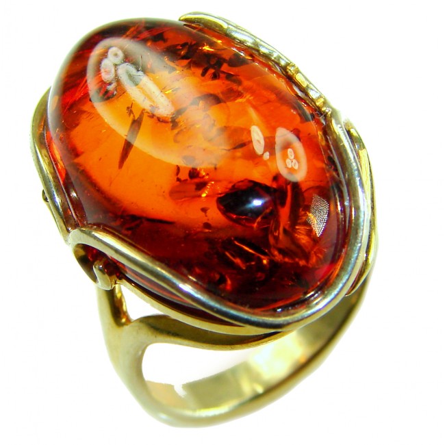 Authentic Baltic Amber 14K Gold over .925 Sterling Silver handcrafted ring; s. 7 adjustable - Close-up of Baltic amber ring in 14K gold over sterling silver.