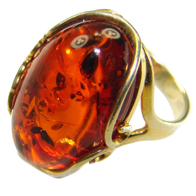 Authentic Baltic Amber 14K Gold over .925 Sterling Silver handcrafted ring; s. 7 adjustable - Close-up of Baltic amber ring in 14K gold over sterling silver.