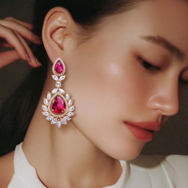 Tiffany - authentic 7.5 carat Ruby .925 Sterling Silver dipped in rhodium handcrafted Statement Earrings - Woman wearing Tiffany ruby earrings, side view close-up.