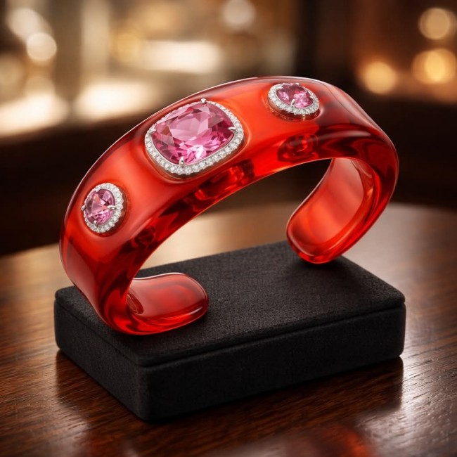 Candy Store - Modern Design Natural Red Raisin Pink Topaz .925 Sterling Silver bracelet - Red bangle with pink topaz stones on display, side view.