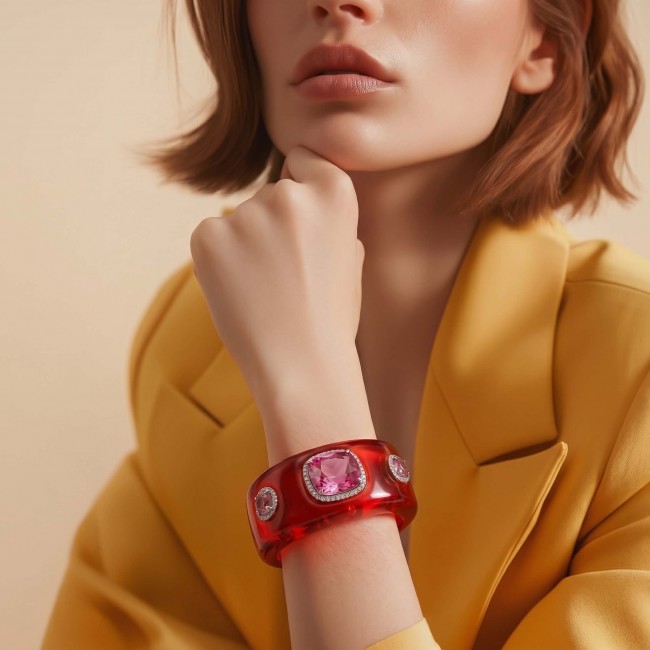 Candy Store - Modern Design Natural Red Raisin Pink Topaz .925 Sterling Silver bracelet - Model wearing red bracelet with pink topaz, close-up on wrist.