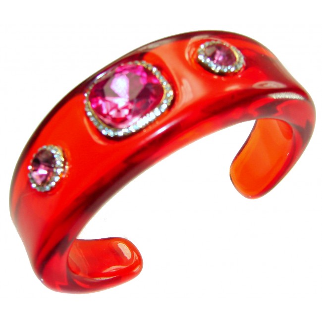 Candy Store - Modern Design Natural Red Raisin Pink Topaz .925 Sterling Silver bracelet - Red resin bangle with pink topaz, top view, vibrant modern design.