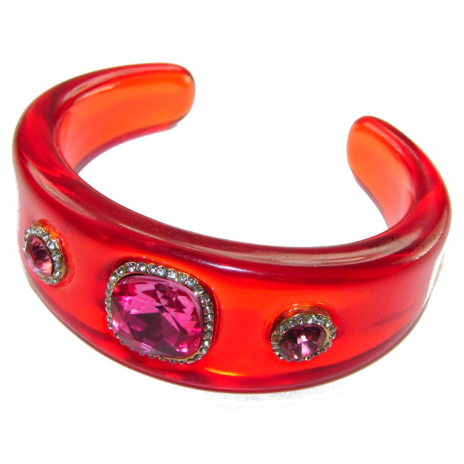 Candy Store - Modern Design Natural Red Raisin Pink Topaz .925 Sterling Silver bracelet - Side view of red cuff bracelet with pink topaz stones.