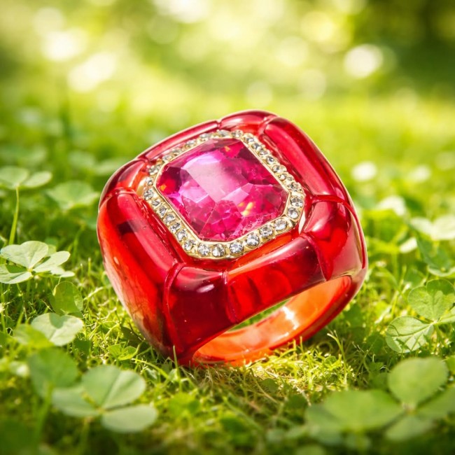 Candy Store - Modern Design Natural Red Raisin Pink Topaz .925 Sterling Silver ring size 8 - Red resin ring with pink topaz, close-up on grass background.