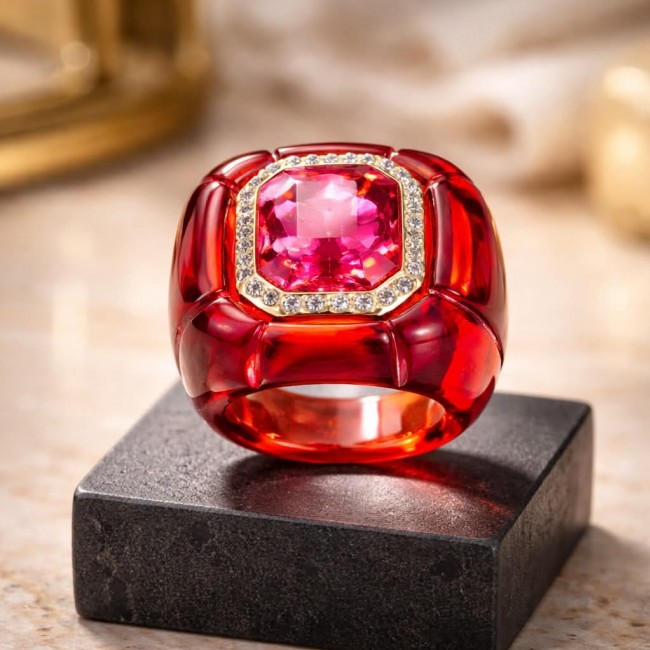 Candy Store - Modern Design Natural Red Raisin Pink Topaz .925 Sterling Silver ring size 8 - Red ring with pink topaz, top view on a black display.