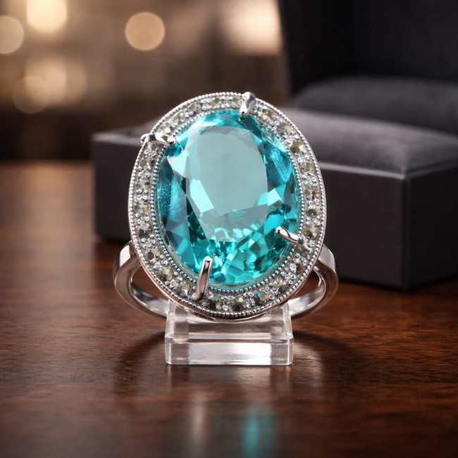Massive Deep Blue 37.8 carat Aquamarine .925 Sterling Silver handcrafted Large ring size 7 - Aquamarine ring front view on display stand, 37.8 carat stone.