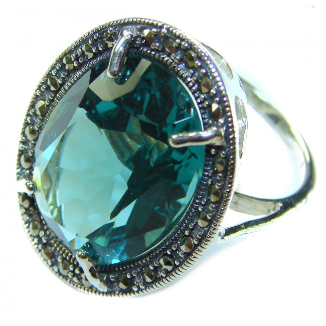 Massive Deep Blue 37.8 carat Aquamarine .925 Sterling Silver handcrafted Large ring size 7 - Close-up of massive deep blue aquamarine ring in sterling silver.