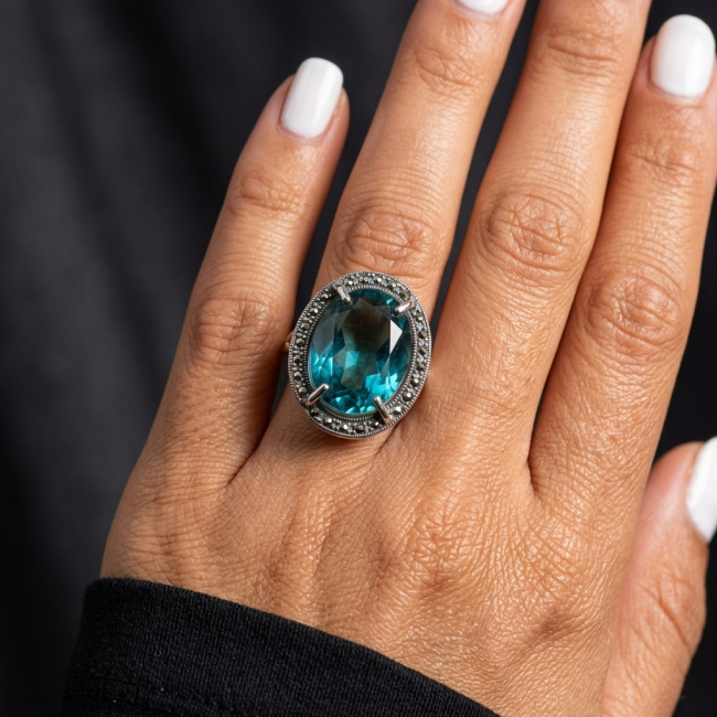 Massive Deep Blue 37.8 carat Aquamarine .925 Sterling Silver handcrafted Large ring size 7 - Aquamarine ring on hand, showcasing deep blue stone and sterling silver setting.