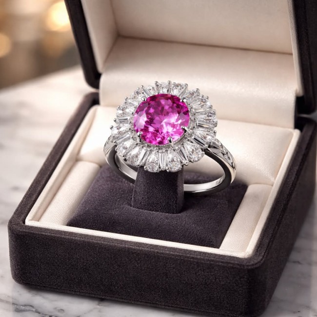Anastasia 5.2 carat Pink Sapphire .925 Sterling Silver Handcrafted Statement Ring size 6 1/4 - Close-up of Anastasia Pink Sapphire ring in a jewelry box.