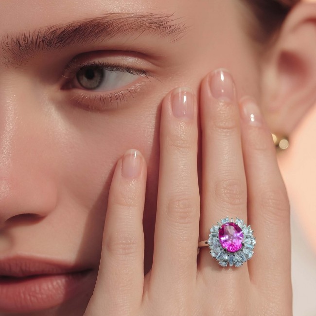 Anastasia 5.2 carat Pink Sapphire .925 Sterling Silver Handcrafted Statement Ring size 6 1/4 - Pink Sapphire ring worn on hand, close-up view