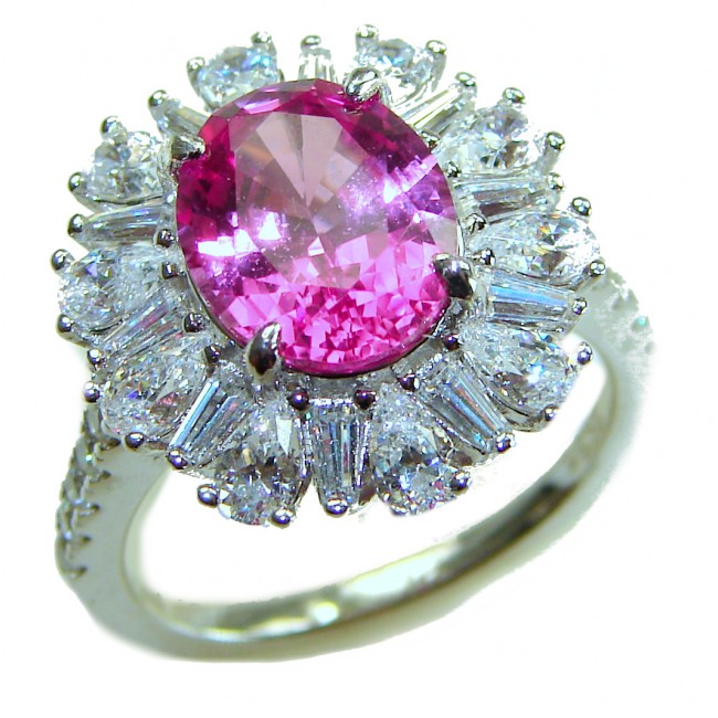 Anastasia 5.2 carat Pink Sapphire .925 Sterling Silver Handcrafted Statement Ring size 6 1/4 - Close-up of pink sapphire ring with diamonds in sterling silver setting.