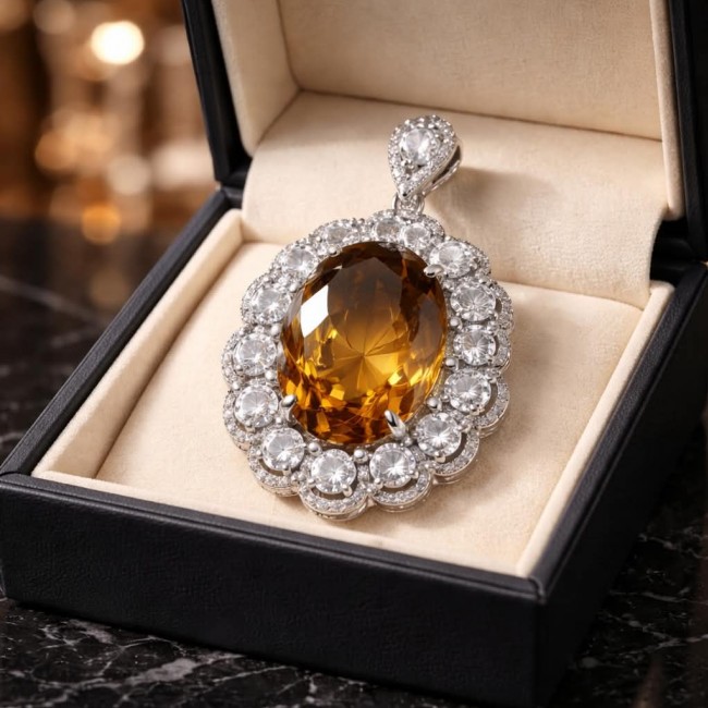 Luxury genuine 25.7 CARAT oval cut Champagne Topaz .925 Sterling Silver dipped in rhodium handmade Pendant - Champagne Topaz pendant with diamonds in open box, top view.