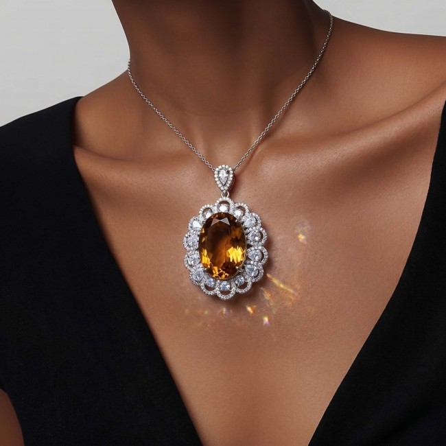 Luxury genuine 25.7 CARAT oval cut Champagne Topaz .925 Sterling Silver dipped in rhodium handmade Pendant - Champagne Topaz necklace on model, front view.