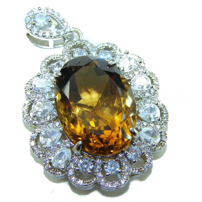Luxury genuine 25.7 CARAT oval cut Champagne Topaz .925 Sterling Silver dipped in rhodium handmade Pendant - Close-up of oval cut Champagne Topaz pendant with sparkling accents.