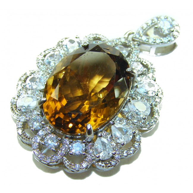 Luxury genuine 25.7 CARAT oval cut Champagne Topaz .925 Sterling Silver dipped in rhodium handmade Pendant - Close-up of oval cut Champagne Topaz pendant with diamonds.