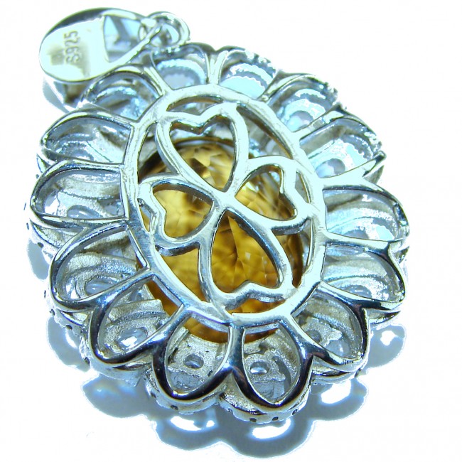 Luxury genuine 25.7 CARAT oval cut Champagne Topaz .925 Sterling Silver dipped in rhodium handmade Pendant - Champagne Topaz pendant close-up with floral silver setting.