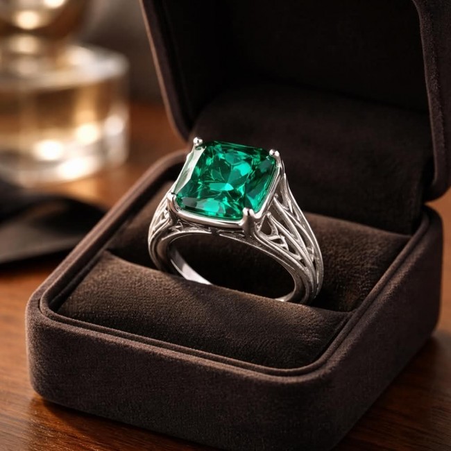 Authentic 10.2 carat Colombian Emerald .925 Sterling Silver handcrafted two sided Ring size 8 - Colombian emerald ring in box, top view, sterling silver setting.