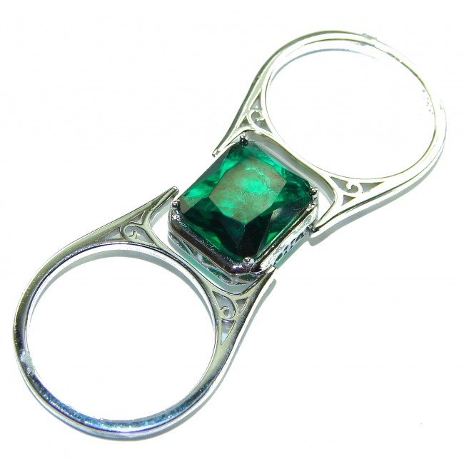 Authentic 10.2 carat Colombian Emerald .925 Sterling Silver handcrafted two sided Ring size 8 - Top view of Colombian emerald in sterling silver setting