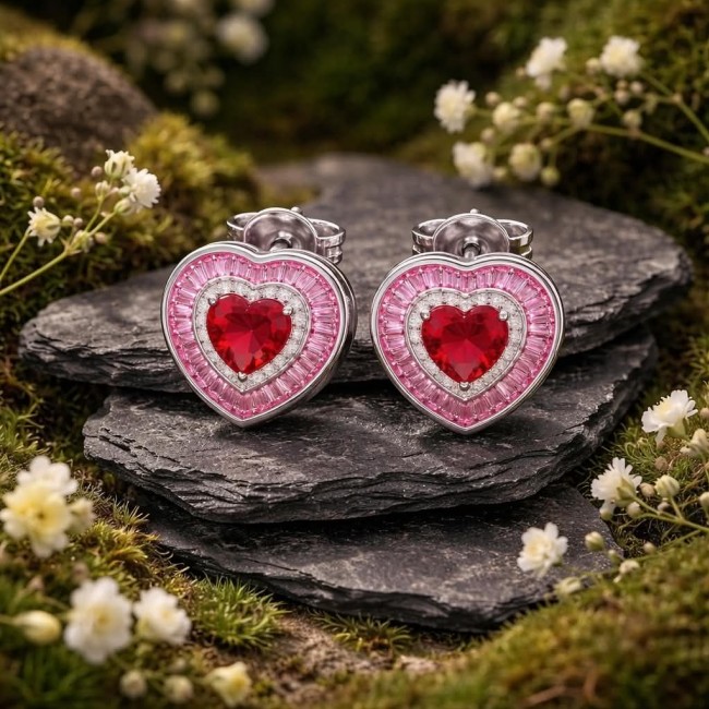 Art deco - My Sweet Heart Natural 2.8 carat Mozambique Garnet .925 Sterling Silver Handcrafted Earrings - Heart-shaped earrings with red stones on a stone surface, front view.