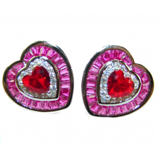 Art deco - My Sweet Heart Natural 2.8 carat Mozambique Garnet .925 Sterling Silver Handcrafted Earrings - Heart-shaped gemstone earrings, front view, pink and red stones.