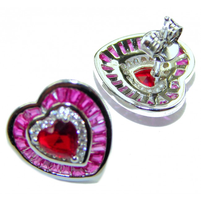 Art deco - My Sweet Heart Natural 2.8 carat Mozambique Garnet .925 Sterling Silver Handcrafted Earrings - Heart-shaped earrings with red stones, front and back view.