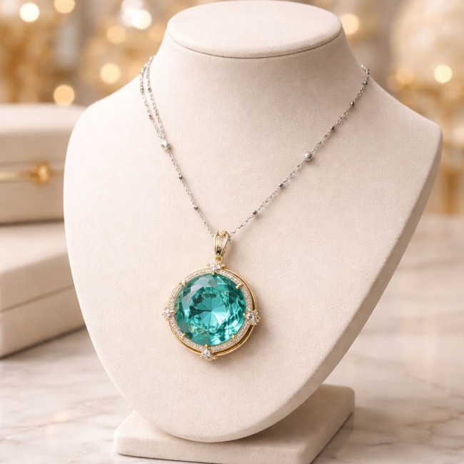 Wonderland 24.3 carat fancy oval cut Paraiba Tourmaline 2 tones .925 Sterling Silver Handcrafted Statement necklace - Oval cut Paraiba Tourmaline necklace on display, front view.