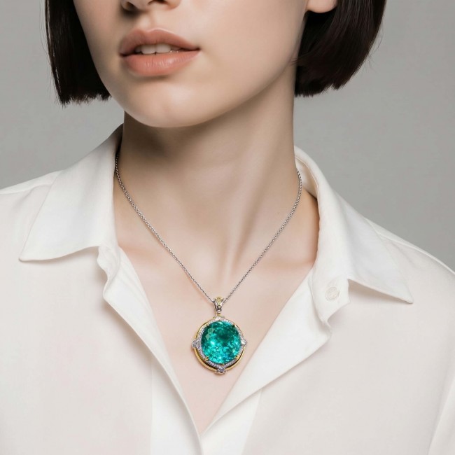 Wonderland 24.3 carat fancy oval cut Paraiba Tourmaline 2 tones .925 Sterling Silver Handcrafted Statement necklace - Necklace with oval Paraiba Tourmaline worn on model in white shirt.