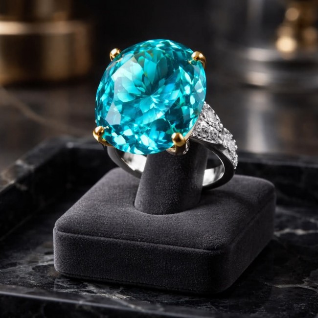 Gabriella 25.2 carat authentic Paraiba Tourmaline 2 tones .925 Sterling Silver handcrafted Statement Ring size 6 adjustable - Close-up of Paraiba Tourmaline ring in display box, front angle.