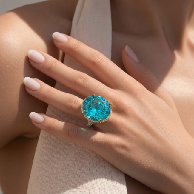 Gabriella 25.2 carat authentic Paraiba Tourmaline 2 tones .925 Sterling Silver handcrafted Statement Ring size 6 adjustable - Paraiba Tourmaline ring, 25.2 carat, worn on hand, close-up view.