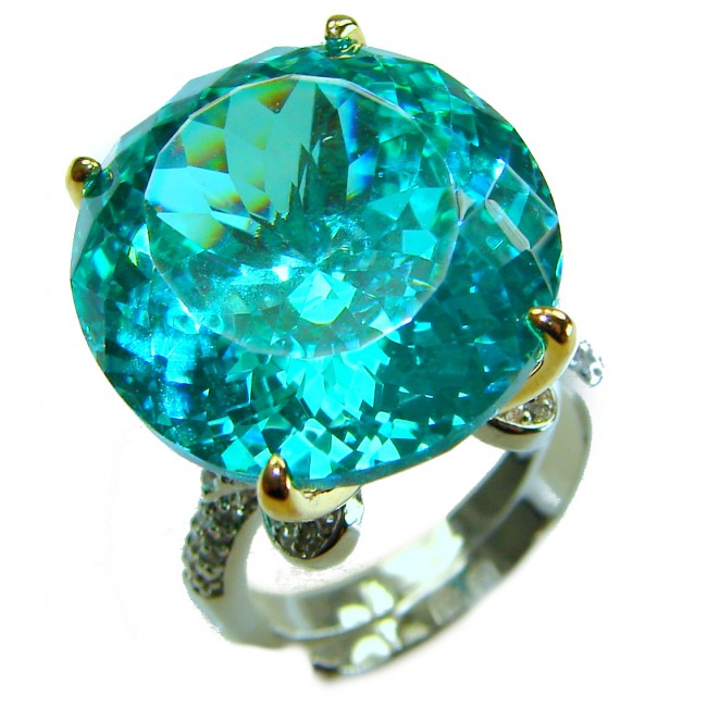 Gabriella 25.2 carat authentic Paraiba Tourmaline 2 tones .925 Sterling Silver handcrafted Statement Ring size 6 adjustable - Close-up of Gabriella 25.2 ct Paraiba Tourmaline ring, two-tone design
