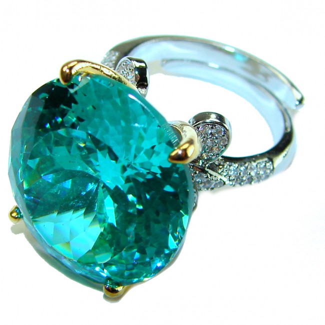 Gabriella 25.2 carat authentic Paraiba Tourmaline 2 tones .925 Sterling Silver handcrafted Statement Ring size 6 adjustable - Paraiba Tourmaline ring close-up with diamond accents, side view.
