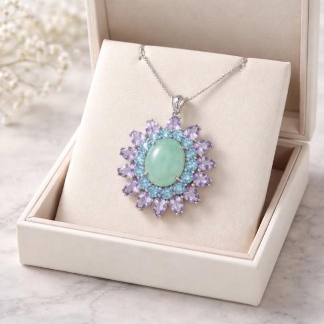 Royal quality genuine 19.8 carat Prehnite rhodium over .925 Sterling Silver handcrafted Pendant - Prehnite pendant necklace in gift box, top view.
