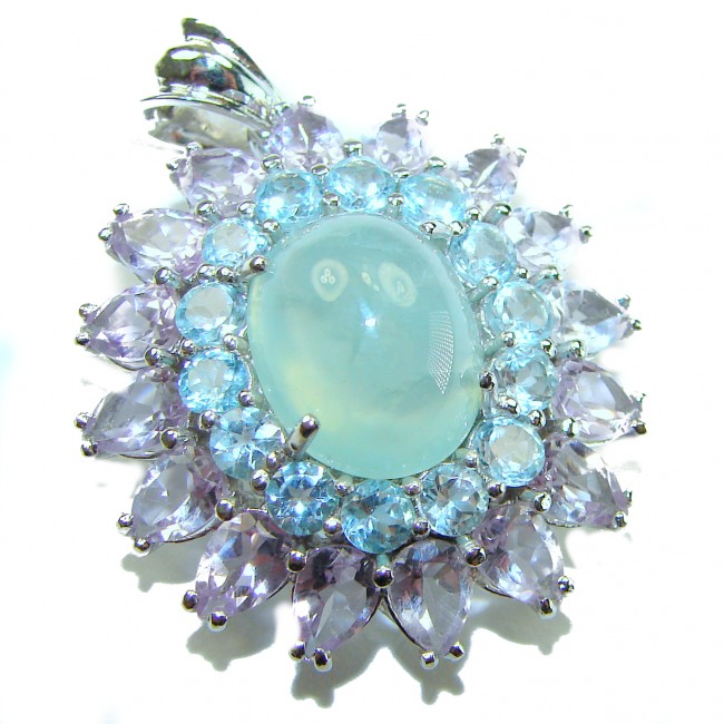 Royal quality genuine 19.8 carat Prehnite rhodium over .925 Sterling Silver handcrafted Pendant - Pendant with blue Prehnite close-up showing central and surrounding stones.