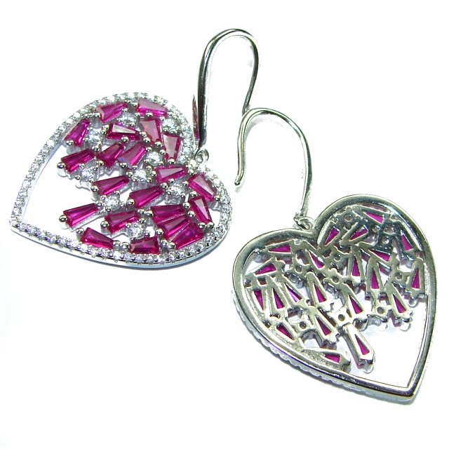 Precious Hearts - authentic 12.5 carat Mozambique Ruby .925 Sterling Silver dipped in rhodium handcrafted Statement Earrings - Heart-shaped ruby earrings, front and back view detail.