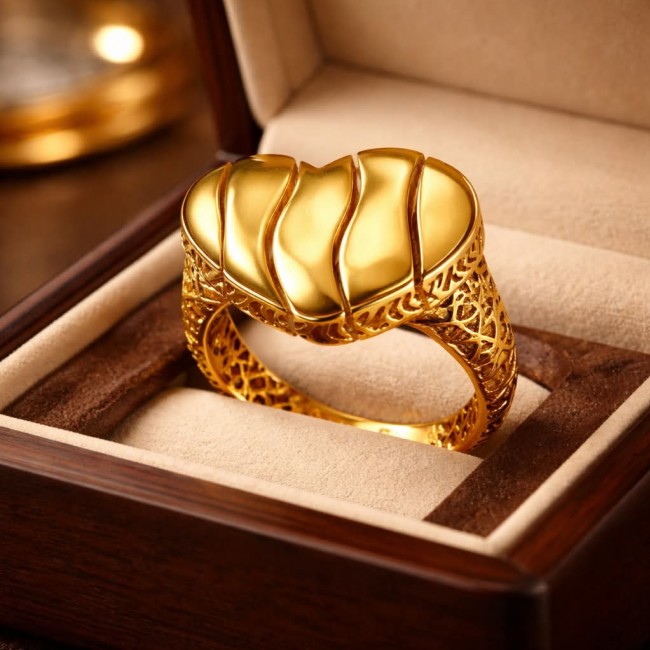 Dubai Style - Golden Heart .925 Sterling Silver dipped in 22K Gold handmade ring size 6 - Gold heart design ring in box, side view with intricate details.