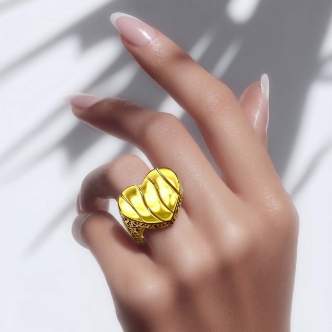 Dubai Style - Golden Heart .925 Sterling Silver dipped in 22K Gold handmade ring size 6 - Gold heart ring on hand, detailed view, Dubai style, sterling silver.