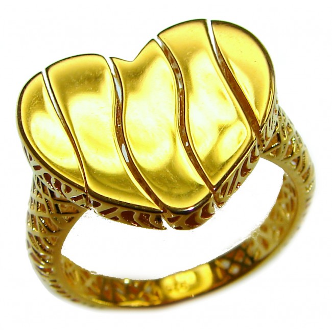 Dubai Style - Golden Heart .925 Sterling Silver dipped in 22K Gold handmade ring size 6 - Golden heart ring, top view, intricate band design, .925 Sterling Silver