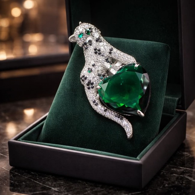 Passionate Love Cheetah authentic 38.5 carat Emerald .925 Sterling Silver Handcrafted pendant brooch - Cheetah brooch with 38.5 carat emerald in display box, angled view.