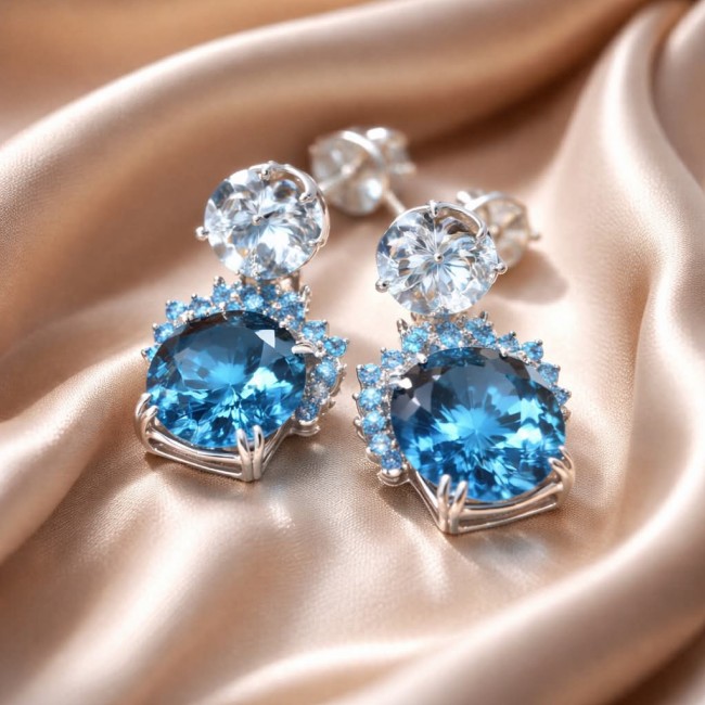 Andrea 24.5 carat London Blue Topaz Aquamarine .925 Sterling Silver handmade earrings - Close-up of Andrea 24.5 carat blue topaz aquamarine sterling earrings.