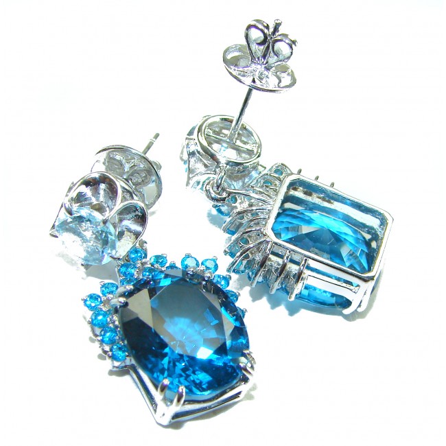 Andrea 24.5 carat London Blue Topaz Aquamarine .925 Sterling Silver handmade earrings - Close-up of Andrea 24.5 carat blue topaz sterling silver earrings