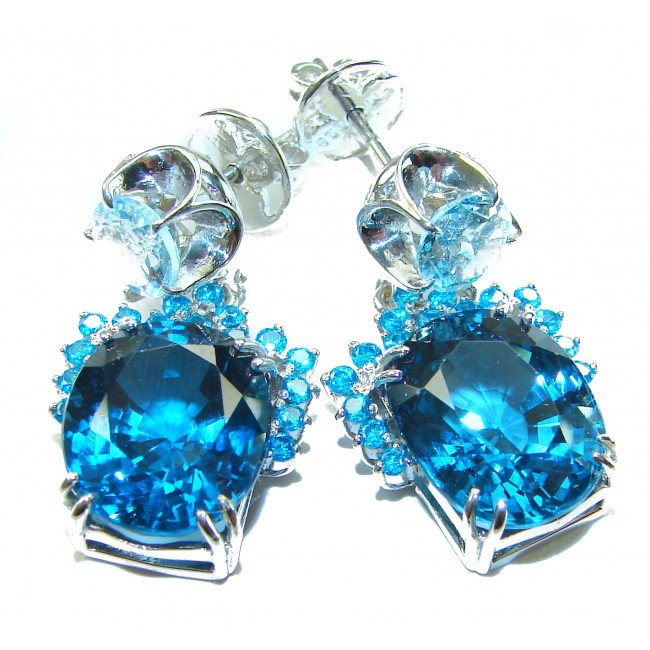 Andrea 24.5 carat London Blue Topaz Aquamarine .925 Sterling Silver handmade earrings - Close-up of Andrea blue topaz aquamarine earrings on white background