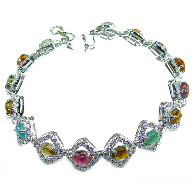Authentic 22.5 carat Brazilian Watermelon Tourmaline 14K White Gold over .925 Sterling Silver handmade Bracelet - Bracelet side view with Brazilian Watermelon Tourmaline stones.