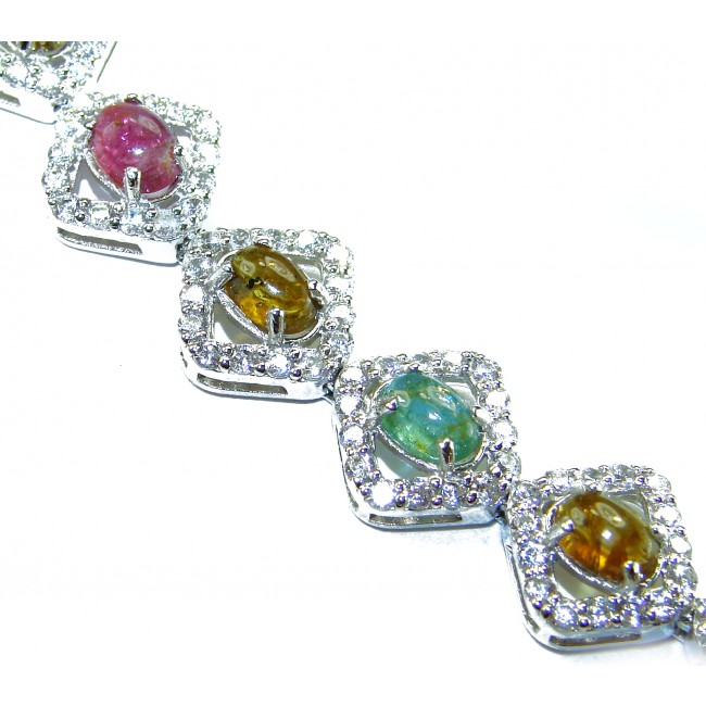 Authentic 22.5 carat Brazilian Watermelon Tourmaline 14K White Gold over .925 Sterling Silver handmade Bracelet - Close-up of watermelon tourmaline bracelet stones set in 14K white gold.