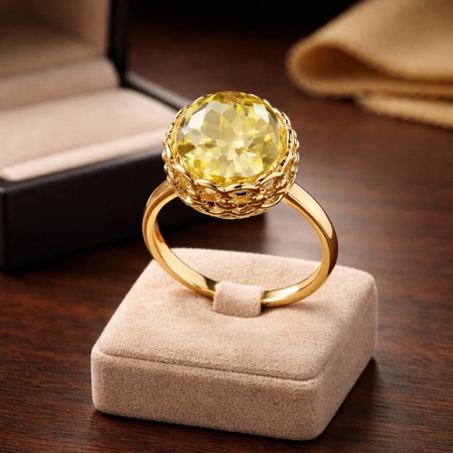 Summer Friday 14.8 carat Genuine Lemon Quartz 18K Gold over .925 Sterling Silver handcrafted ring size 10 - Close-up of lemon quartz ring on display stand, 18K gold setting.