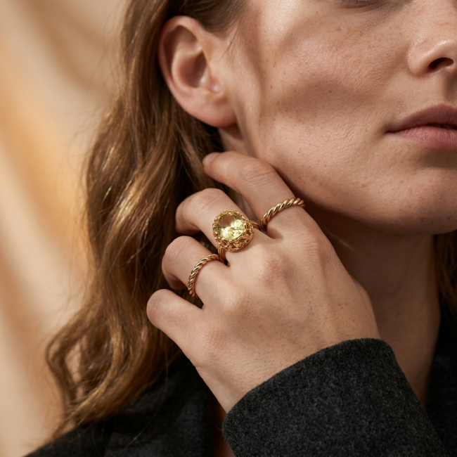 Summer Friday 14.8 carat Genuine Lemon Quartz 18K Gold over .925 Sterling Silver handcrafted ring size 10 - Close-up of 18K gold lemon quartz ring worn on hand