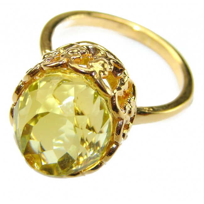 Summer Friday 14.8 carat Genuine Lemon Quartz 18K Gold over .925 Sterling Silver handcrafted ring size 10 - Close-up of Summer Friday 14.8 carat lemon quartz ring in 18K gold.