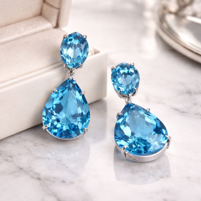 Atlantica 36.7 carat Swiss Blue Topaz RHODIUM OVER .925 Sterling Silver Handcrafted LARGE Statement earrings - Earrings with Swiss Blue Topaz stones on a marble surface, close-up view.