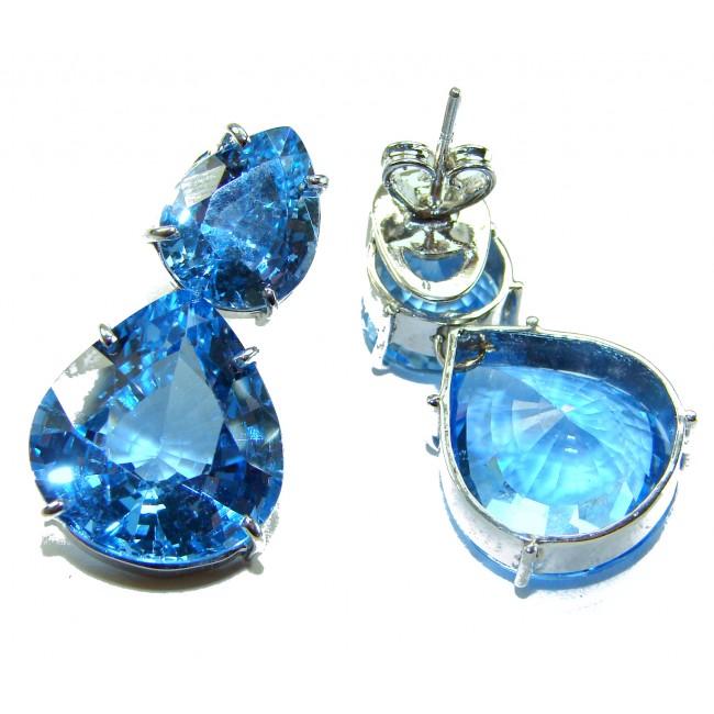 Atlantica 36.7 carat Swiss Blue Topaz RHODIUM OVER .925 Sterling Silver Handcrafted LARGE Statement earrings - Close-up of Atlantica 36.7 carat Swiss Blue Topaz earrings
