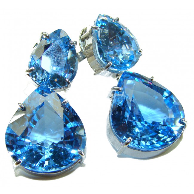Atlantica 36.7 carat Swiss Blue Topaz RHODIUM OVER .925 Sterling Silver Handcrafted LARGE Statement earrings - Close-up of Atlantica Swiss Blue Topaz earrings, pear-shaped stones.