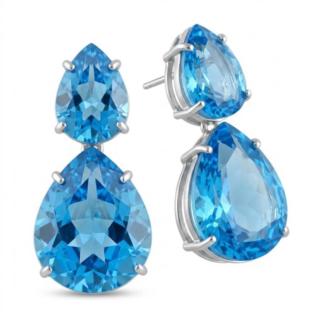 Atlantica 36.7 carat Swiss Blue Topaz RHODIUM OVER .925 Sterling Silver Handcrafted LARGE Statement earrings - Swiss Blue Topaz earrings, front view, pear-shaped stones, silver prongs